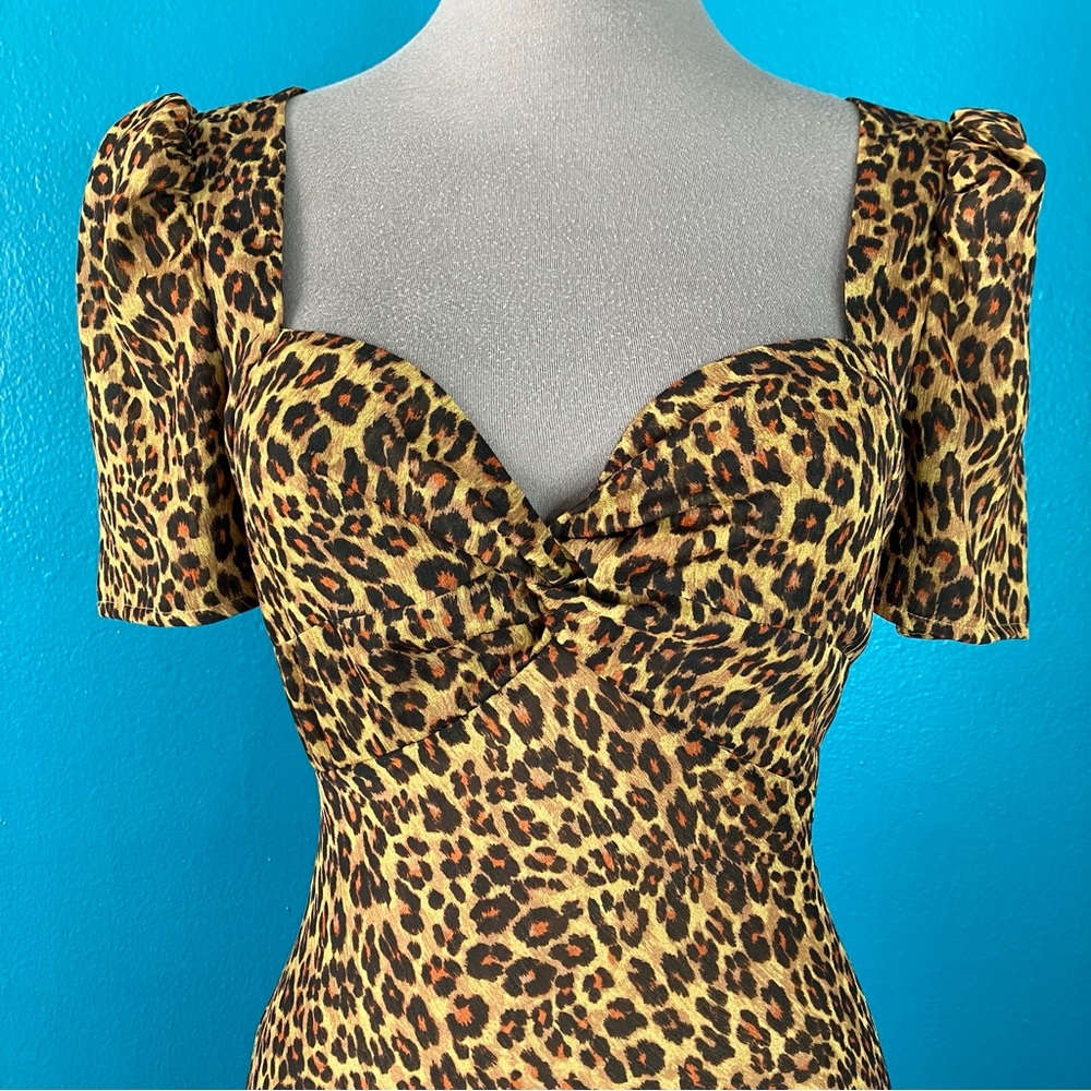 STAUD Lea Leopard Print Maxi Dress w/ Side Slit & Puff Sleeves Size 2 - Picture 5 of 16